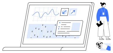Dosyaları, analizleri ve grafikleri gösteren dizüstü bilgisayar. Profesyonel belgelerle ve birbiriyle etkileşen ellerle. İş, teknoloji, takım çalışması, veri, yenilik, sunum planlaması için ideal