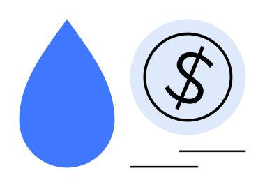 Mavi su damlası bir dairenin içindeki bir dolar işaretinin yanında. Koruma, finans, sürdürülebilirlik, maliyet, su yönetimi, ekoloji, farkındalık için ideal. Basit bir düz metafor.