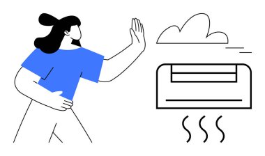 Bir kadın klimadan gelen sıcak havadan kaçınırken bir bulut açık hava sıcaklığını sembolize ediyor. İklim, sıcaklık kontrolü, yaz sıcaklığı, enerji, sağlık, çevre bilinci için ideal, basit