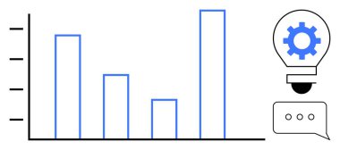 Veri analizi yapan dikey bar tablosu, yaratıcılığı sembolize eden dişli ampul ve işbirliğini gösteren diyalog kutusu. İş, araştırma, strateji, eğitim, sunum için ideal