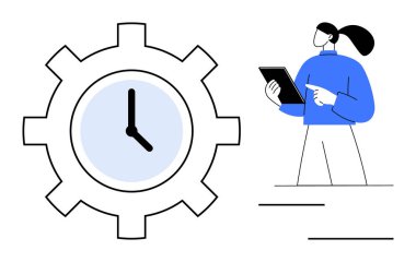 Elinde tablet bulunan kadın, içinde saat olan büyük bir dişlinin yanındaki görevlere bakıyor. Zaman yönetimi, üretkenlik, iş akışı, iş planlaması, zamanlama, verimlilik, basit iniş sayfası için ideal