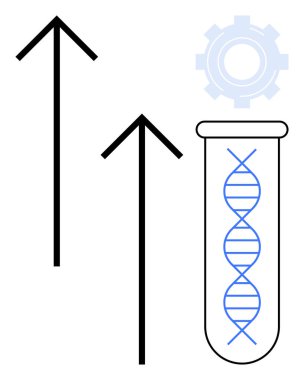 DNA dizisi yukarı doğru ok ve teçhizatla test tüpünde genetik ilerlemeyi, yeniliği ve teknolojiyi sembolize ediyor. Bilim, araştırma, biyoteknoloji, tıp ve gelecekteki eğitim için ideal. Basit.
