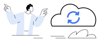 Bulut teknolojisini, depolamayı, veri paylaşımını ve güncellemeleri sembolize eden senkronize bir ikona sahip bir adam. Yenilik, bilişim hizmetleri, işbirliği, teknolojik ilerleme otomasyonu ve basit
