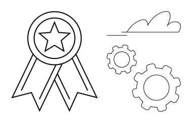 Yıldız sembollü kurdele, birbirine kenetlenmiş iki vites ve bir bulut çizgisi. Başarı, yenilik, üretkenlik, takım çalışması, başarı, yaratıcılık ve basit bir iniş sayfası için ideal