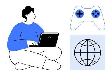 Dizüstü bilgisayarda çalışırken bacak bacak bacak üstüne atmış, yanında oyun kumandası ve dünya grafiği var. Temalar için ideal teknoloji, oyun, çevrimiçi öğrenme, uzaktan çalışma, küresel bağlantı