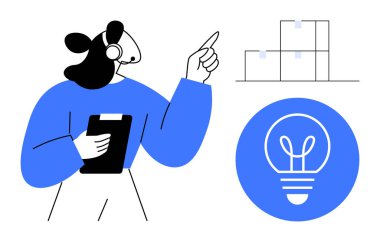 Elinde dosya varken kulaklık kullanan bir kadın istiflenmiş kutular ve ampul ikonuna doğru hareket ediyor. Lojistik, yenilik, iletişim, üretkenlik, takım çalışması, organizasyon, basit iniş için ideal