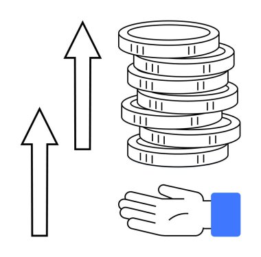 Yükselen iki ok ve mavi kolda uzanan bir el, mali büyümeyi, yatırımı, tasarrufu, ekonomik fırsatı, gelir artışını, karı ve mali planlamayı simgeliyor.
