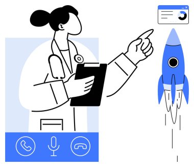 Doktor elinde bir roketin fırlatılışının yanında ilerleme çizelgesine işaret ederek yenilik, ilerleme ve sağlık hizmetlerindeki gelişmeleri sembolize ediyor. Teletıp, sağlık, teknoloji ve araştırma için ideal