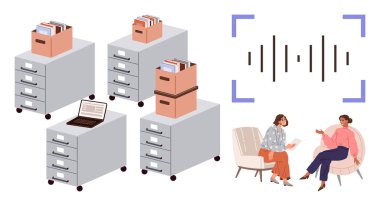 Dosyalar, kutular, dizüstü bilgisayarlar, ses dalgaları ve sandalyeler üzerinde sohbet eden iki kişi. İş yeri, dosya yönetimi, takım çalışması, iletişim dijital örgütü için ideal