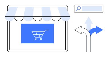 Alışveriş arabası ikonu, arama barı ve yön okları olan bir mağaza önü. E-ticaret, müşteri seçimleri, navigasyon, SEO stratejileri, çevrimiçi pazarlama, kullanıcı deneyimi için ideal