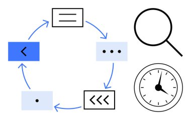 Adımları birbirine bağlayan oklar, analiz için büyüteç ve zaman yönetimi için saat içeren dairesel iş akışı diyagramı. Üretkenlik, ilerleme süreci, organizasyon, araştırma, verimlilik için ideal