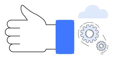 Mavi kollu, bulutlu ve vitesli el hareketi takım çalışmasını, teknolojiyi ve ilerlemeyi sembolize ediyor. Yenilik, başarı, takım çalışması, verimlilik geliştirme verimliliği için ideal