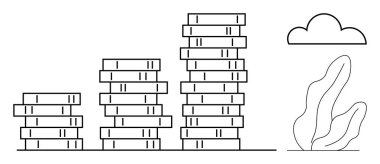 Büyüyen madeni paralar ilerici zenginliği ve başarıyı sembolize eder. Denge için bir bulut ve bitki içerir. Finans, yatırım, tasarruf, başarı, büyüme, ilerleme için ideal