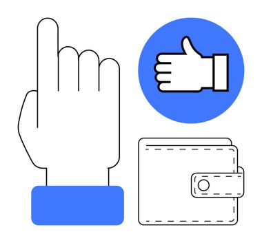 El işaretleri, mavi daire ve cüzdan taslağı. Finans, işlem, onay, müşteri desteği, seçenekler, dijital hizmetler için ideal