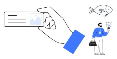 El ele tutuşan kimlik kartı, yaratıcılık kavramı olarak ampulü olan iş adamı, soyut unsur olarak balık. Fikir üretimi, iş kimliği, yaratıcılık, yenilik, profesyonel kalkınma için ideal