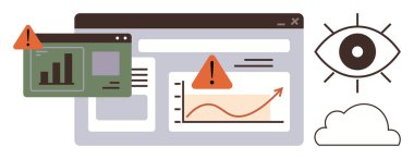 Bir bulut ve göz ikonu eşliğinde web paneli büyüme grafiği, çubuk grafik ve uyarı işaretleri sergiliyor. Risk yönetimi, analitik, veri izleme, tahmin, siber güvenlik UI tasarımı için ideal