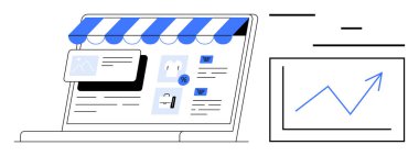 E- ticaret mağazalarının ürün listeleriyle donatılmış dizüstü bilgisayarında büyüme analizi çizelgesi var. Çevrimiçi iş, e-ticaret, analitik, pazarlama, strateji, perakende, basit iniş için ideal