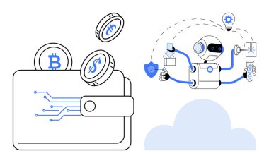 Robot yapay zeka ile işleri yönetiyor, Bitcoin ve dolar sikkeleriyle dolu dijital bir cüzdanın yanında. Finans, teknoloji, yapay zeka, yenilik, güvenlik, kripto para ve otomasyon için ideal. Basit düz