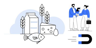 Süt kutusu, peynir, balık, buğday ve iki kişinin tokalaştığı ve mıknatısı olan yumurta. Ticari işbirliği, gıda endüstrisi, ortaklık, müşteri eğlencesi ağ pazarlığı için idealdir