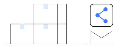 Mavi paylaşım ve e-posta simgelerinin yanı sıra bantla birleştirilmiş dizilmiş kutular. İletişim, işbirliği, ağ, organizasyon, lojistik, bağlantı, basit iniş sayfası için ideal