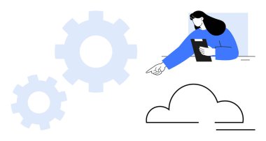 Önden el kol hareketi yaparken elinde pano olan bir kadın. Arka planda mavi vitesler, en az bulut grafiği. Takım çalışması, üretkenlik, yenilik, liderlik, planlama, strateji için ideal basit bir iniş sayfası