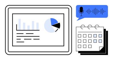 Grafikler, pasta grafiği ve metin analizlerinin yer aldığı dijital gösterge paneli. Sesli komut görselleştirmesi ve takvim içerir. İş anlayışı, organizasyon, verimlilik, programlama, otomasyon için ideal