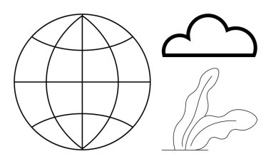 Enlem ve boylam çizgilerine sahip dünya, bulut ve bitki anahatları çevreyi, sürdürülebilirliği, büyümeyi, küresel birliği, ekolojik bilinci, temiz enerjiyi ve yeniliği sembolize eder. Basit bir daire için ideal