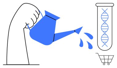 DNA ipliği ile test tüpüne su dökerek büyümeyi ve bilimi sembolize ediyor. Alışveriş arabası bir pazar fikri ekliyor. Yenilik, biyoloji, genetik, araştırma, biyoteknoloji, geliştirme için ideal