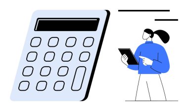 Kadın elinde tablet tutarken büyük bir hesap makinesinin yakınındaki bilgileri analiz ediyor. Finans, bütçe, muhasebe, eğitim, hesaplama, analiz ve basit bir iniş sayfası için ideal