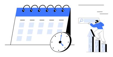 Zaman adamının arama çubuğuna tırmanarak ilerlemeyi simgelediğini vurgulayan saati olan büyük bir takvim. Zaman yönetimi, planlama, hedefler, zamanlama, ilerleme takibi, verimlilik için ideal