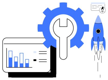 Roket fırlatma çubuk şeması ve teçhizat yanında büyümeyi, analitiği, yeniliği, teknolojiyi, takım çalışmasını, girişimleri ve çözümleri gösteriyor. Başarı planı için ideal, strateji basit düz odaklanma