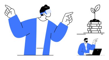 İfade eden jestleri olan VR kulaklık kullanan, bozuk paraların tepesine saksı koyan, dizüstü bilgisayarda el kol hareketi yapan biri. Sanal gerçeklik, dijital büyüme, yenilik, iş stratejisi, teknoloji ve gelecek için ideal