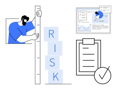 Engelleri ölçen adam analitik gösterge paneli, kontrol listesi ve işaretle işaretlenmiş. Proje yönetimi, veri analizleri, karar verme, strateji planlaması, uyum iş araçları için ideal