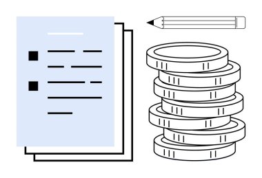 Birikmiş madeni paralar, maddi noktaları olan evraklar ve bütçe, finans, iş planlaması, yatırımlar, tasarruflar, kaynak tahsisi ve kârlılığı azaltan kavramları gösteren bir kalem. İdeal