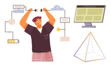 Süreç akış şemasını, pil göstergesini, bulut hesaplamasını, ekran arayüzünü ve 3D diyagramını bağlamak için kabloları birleştiren kişi. Takım çalışması, yaratıcılık, yenilik, dijital çözümler için ideal