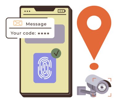Parmak izi tarayıcılı akıllı telefon, iki faktörlü kimlik doğrulama kodu, lokasyon şifresi ve güvenlik kamerası. Siber güvenlik, gizlilik, kimlik koruması, izleme ve kimlik doğrulama için ideal