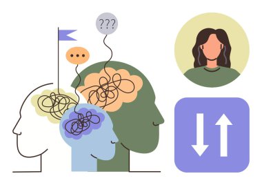 Karmaşık düşünceleri, bayrakları, okları ve portresi olan soyut insan kafaları. İletişim için ideal, takım problemi çözme, akıl sağlığı, karar verme mekanizması kişisel gelişim stratejisi öz yansıması. A