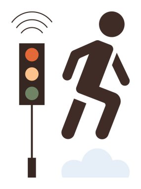 Kolaylaştırılmış trafik ışığı, kablosuz sinyal, yeşil ışık aktif, bulutların üzerinde yürüyen figür dışında. Ulaşım, hareketlilik, akıllı şehir, güvenlik, navigasyon, şehir planlama karayolu sistemleri için ideal