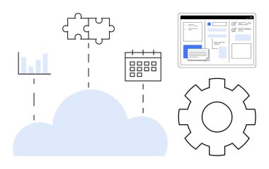 Bağlı teçhizat, çizelge, takvim, bulmaca parçaları ve web arayüzü renklendirme organizasyonu, takım çalışması ve çözüm geliştirme ile bulut. Teknoloji ve bulut hesaplama projesi planlaması için ideal