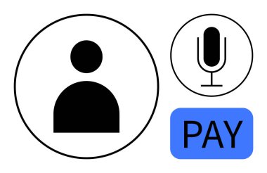 Çemberde kullanıcı profili silueti, ses girişi için mikrofon, mavi Ödeme tuşu. Uygulamalar, hesaplar, kullanıcı ayarları, ses teknolojisi, ödeme sistemleri, fintech basit iniş sayfası için ideal