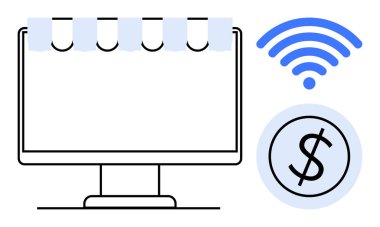 Çevrimiçi alışveriş, dijital iş, uzaktan bağlantı, para işlemleri, e-ticaret çözümleri, finansal araçları temsil eden tente, kablosuz sinyal ve dolar bozuk para monitörü