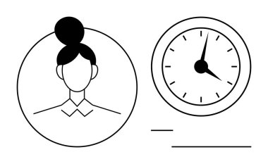 Dakikliği, verimliliği ve iş-yaşam dengesini vurgulayan bir saatin içinde bir kadın profili. Temalar için ideal zaman çizelgesi, teslim tarihleri, verimlilik, kişisel büyüme, kariyer