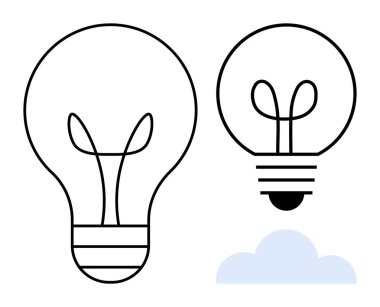 İki ampul tasarımı, biri ana hatlı, diğeri ise altında bulut elementi olan. Yaratıcılık, yenilik, beyin fırtınası, ilham, enerji teknolojisi ve modern tasarım için idealdir. Düz basit