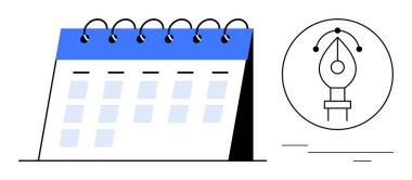 Grafik tasarım kalem araç simgesinin yanında Spiral-bound takvim planlama, tasarım ve yaratıcılığı sembolize eder. Zamanlama, organizasyon, zaman yönetimi, tasarım projeleri, üretkenlik ve yaratıcılık için ideal