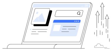 Yukarı doğru büyümeyi sembolize eden oklarla birlikte arama çubuğu, resim ve metin içeriğini gösteren bir dizüstü bilgisayar aç. Teknoloji için ideal, SEO, ilerleme, dijital pazarlama, online araştırma yeniliği basit