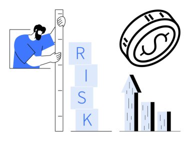 Adam riskleri bloklara yığıyor, para işaretli, çubuk grafiği ise büyümeyi gösteriyor. Mali analiz, yatırım, karar verme, tahmin, iş, büyüme stratejileri için ideal