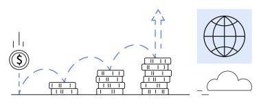 Yığılmış bozuk paralar, büyümeyi, küreyi ve bulutu gösteren oklar üzerinde dolar sikkeleri sektiriyor. Finans, yatırım, zenginlik, küresel ekonomi tasarruf dijital sektörü için ideal. Basit düz metafor
