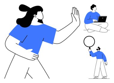 Güvenle el kol hareketi yapan, dizüstü bilgisayar kullanan bir kişi, büyüteçle gözlem yapan bir başkası. Takım çalışması, liderlik, işbirliği, yenilik, odaklanma, yaratıcılık için ideal basit