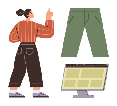 Yukarıdan bakan bir kadın, yeşil pantolon tasarımı, masaüstü ekran tasarımı moda şeması. Moda tasarımı, e-ticaret, çevrimiçi alışveriş, yaratıcılık, tasarım süreci, UXUI basit düz kavramları için ideal