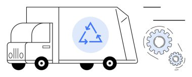 Geri dönüşüm sembollü kamyon, sürdürülebilirlik, atık yönetimi ve kaynak verimliliği sağlamak için vites değiştirme. Geri dönüşüm, ekoloji, ulaşım, yenilenebilir enerji, dairesel ekonomi için ideal